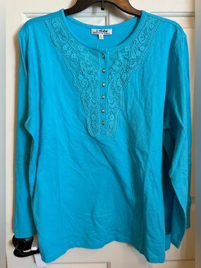 Women's back in the saddle Henley Lace-Trim Long Sleeve Tee in Turquoise Blue